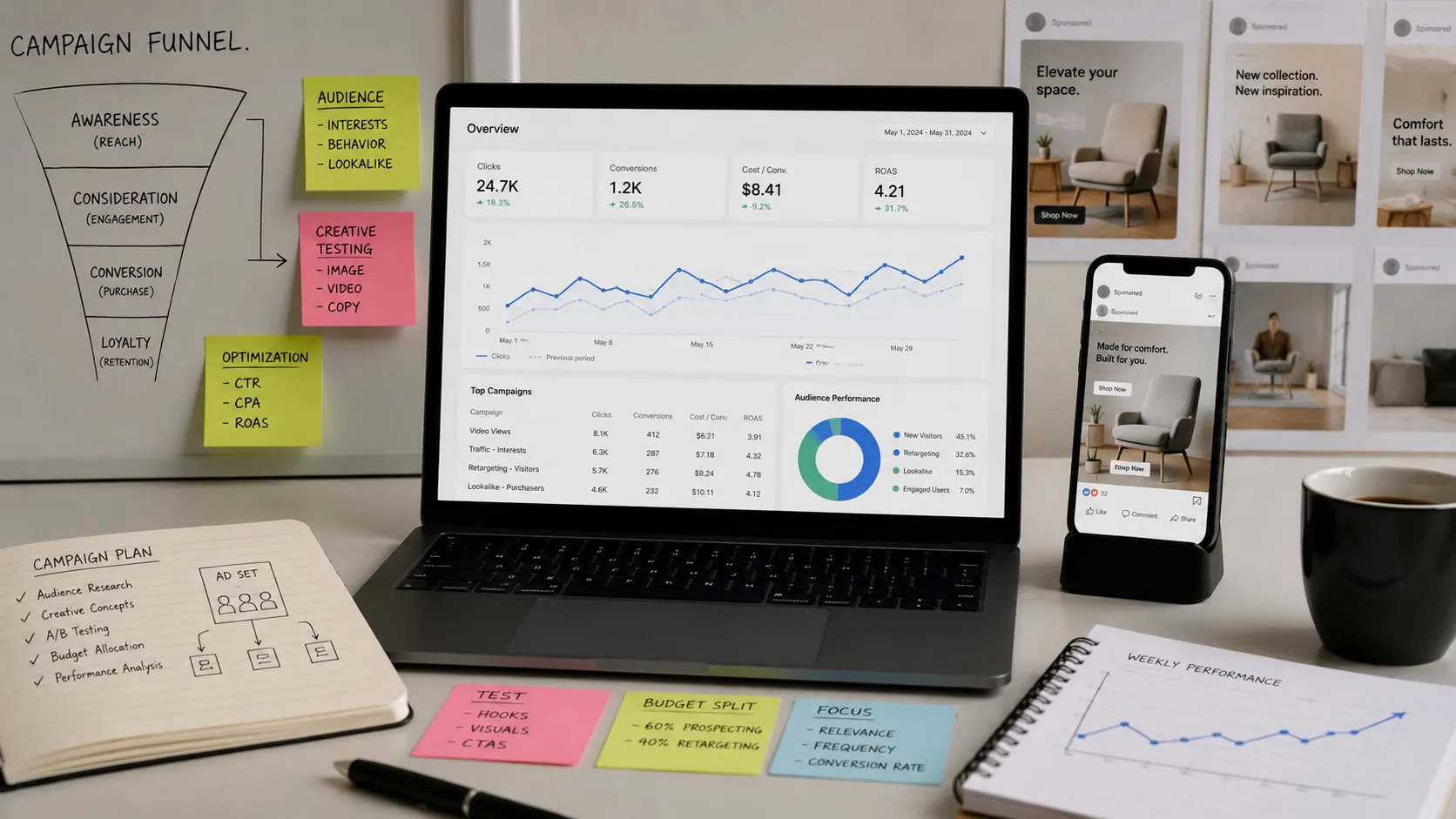 Пример performance marketing: воронка кампании, тестирование креативов, аудиторий и оптимизация digital-рекламы по конверсии